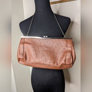 Vintage Genuine Ostrich Brown Leather Clutch Kiss Clasp Purse Silver Chain Strap